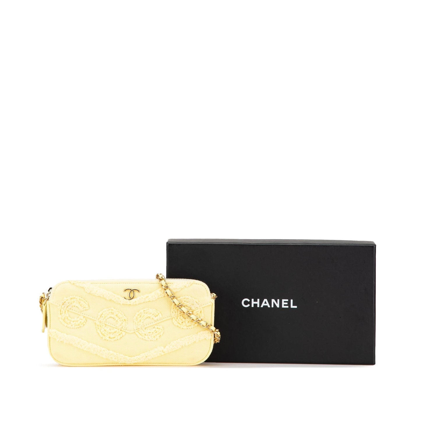 Chanel Denim Coco Fringe Double Zip Clutch with Chain Yellow