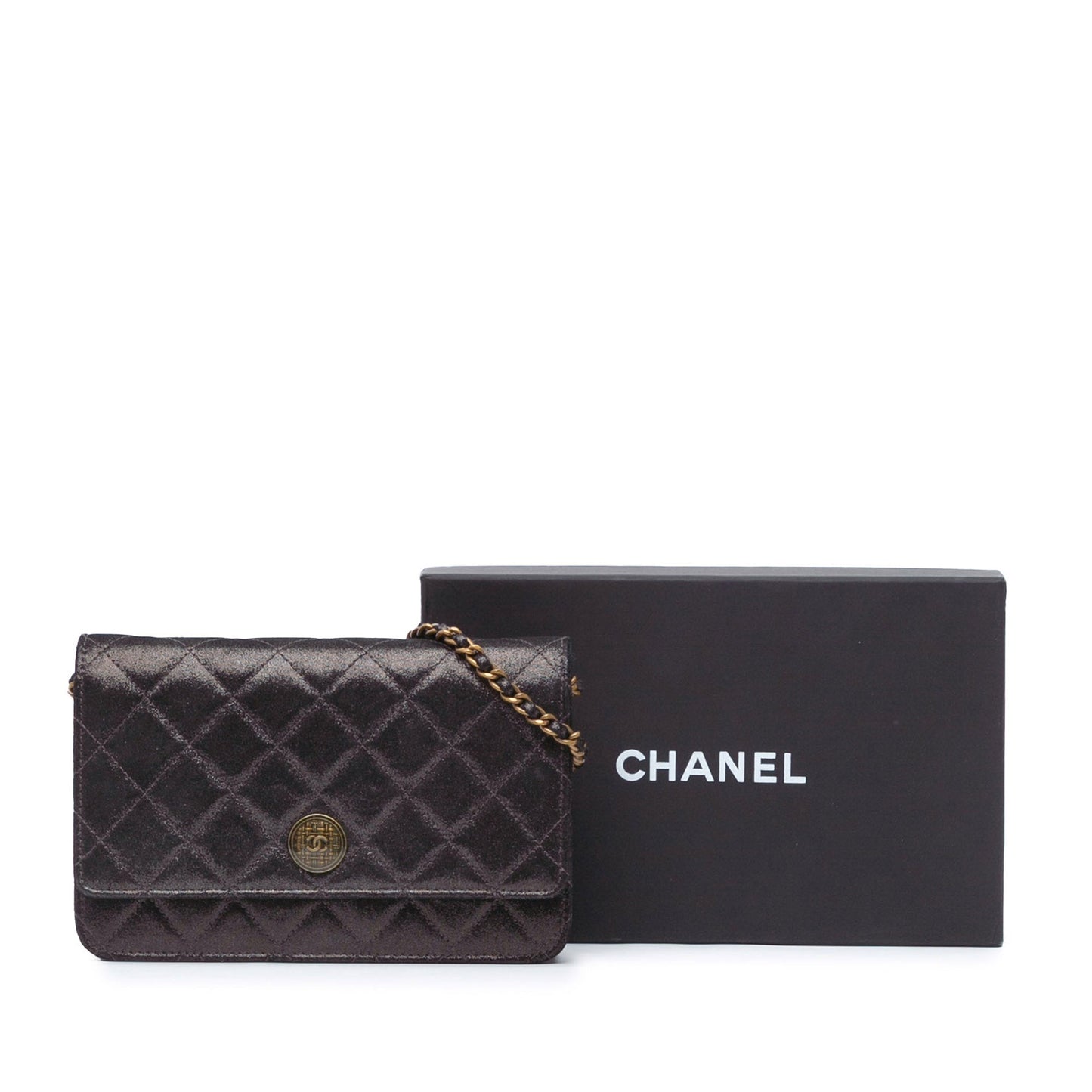 Chanel Metiers d’Art Quilted Iridescent Lambskin Tartan Button Wallet On Chain Brown