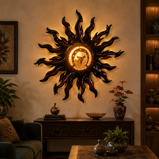 Handcrafted Metal Sun Wall Art Sculpture with Illuminated Celestial Face