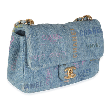 Blue Quilted Denim Printed Small Mood Flap Bag