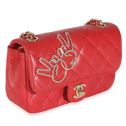 Red Quilted Lambskin V For Victory Mini Flap Bag