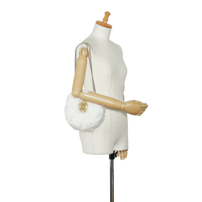 Chanel CC Crystal Embellished Faux Fur Round Crossbody White