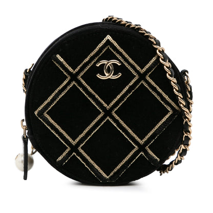 Chanel Velvet Pearl Sequin Round Crossbody Black