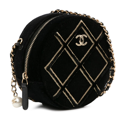 Chanel Velvet Pearl Sequin Round Crossbody Black