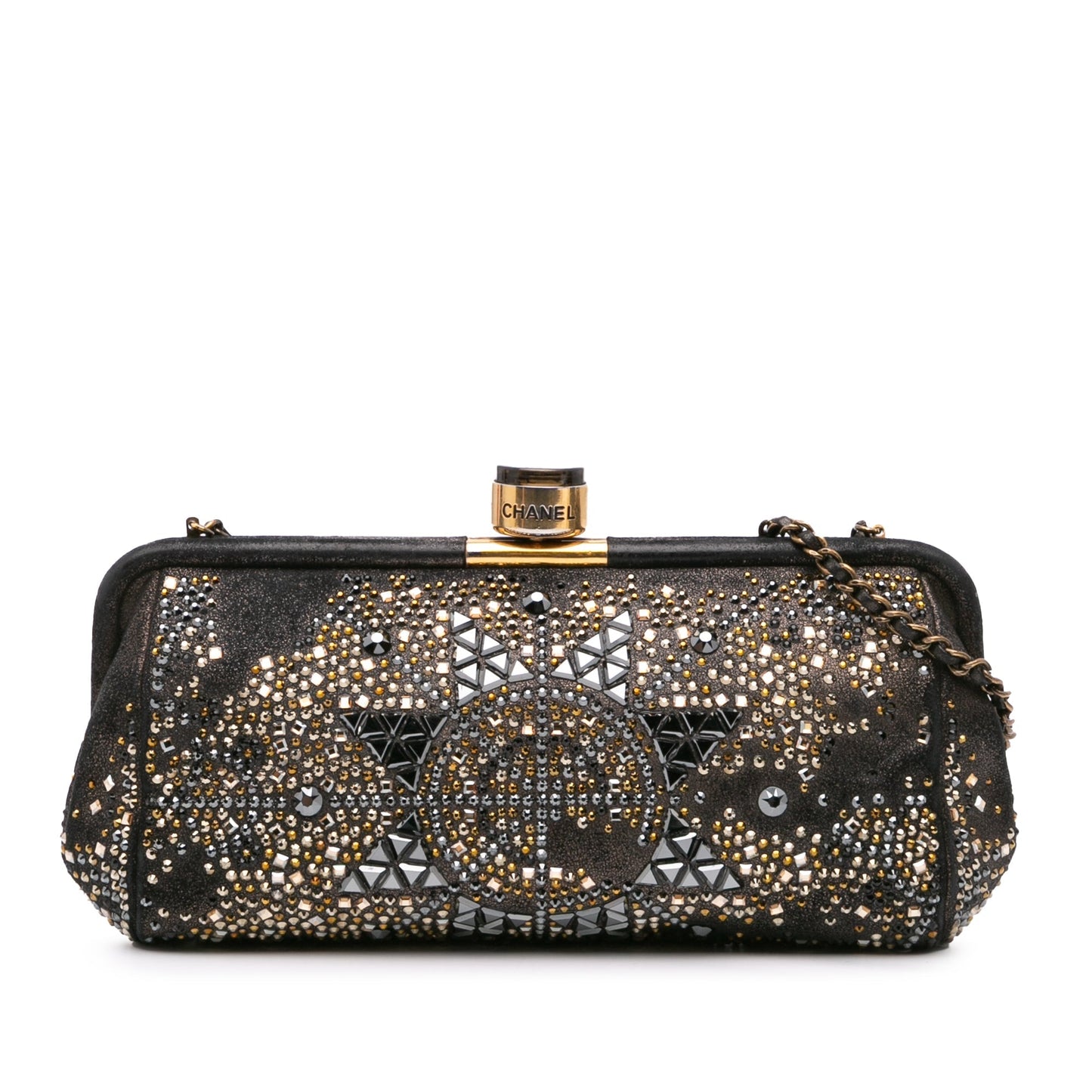 Chanel CC Glitter Lambskin Studded Frame Clutch on Chain Black
