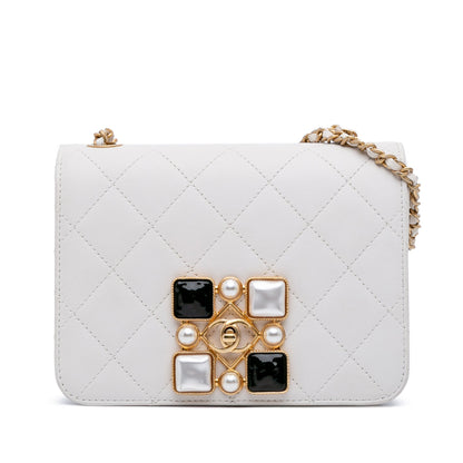 Chanel Small CC Quilted Calfskin Crystal Pearl Full Flap White
