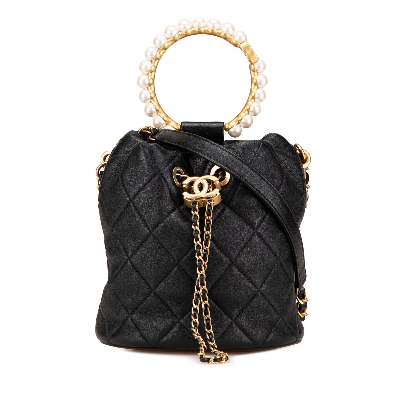 Chanel Quilted Lambskin Pearl Crown Drawstring Bucket Bag Black