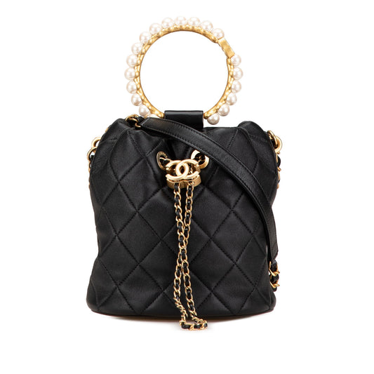 Chanel Quilted Lambskin Pearl Crown Drawstring Bucket Bag Black