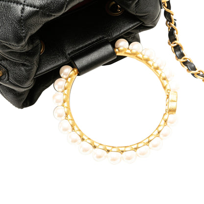 Chanel Quilted Lambskin Pearl Crown Drawstring Bucket Bag Black