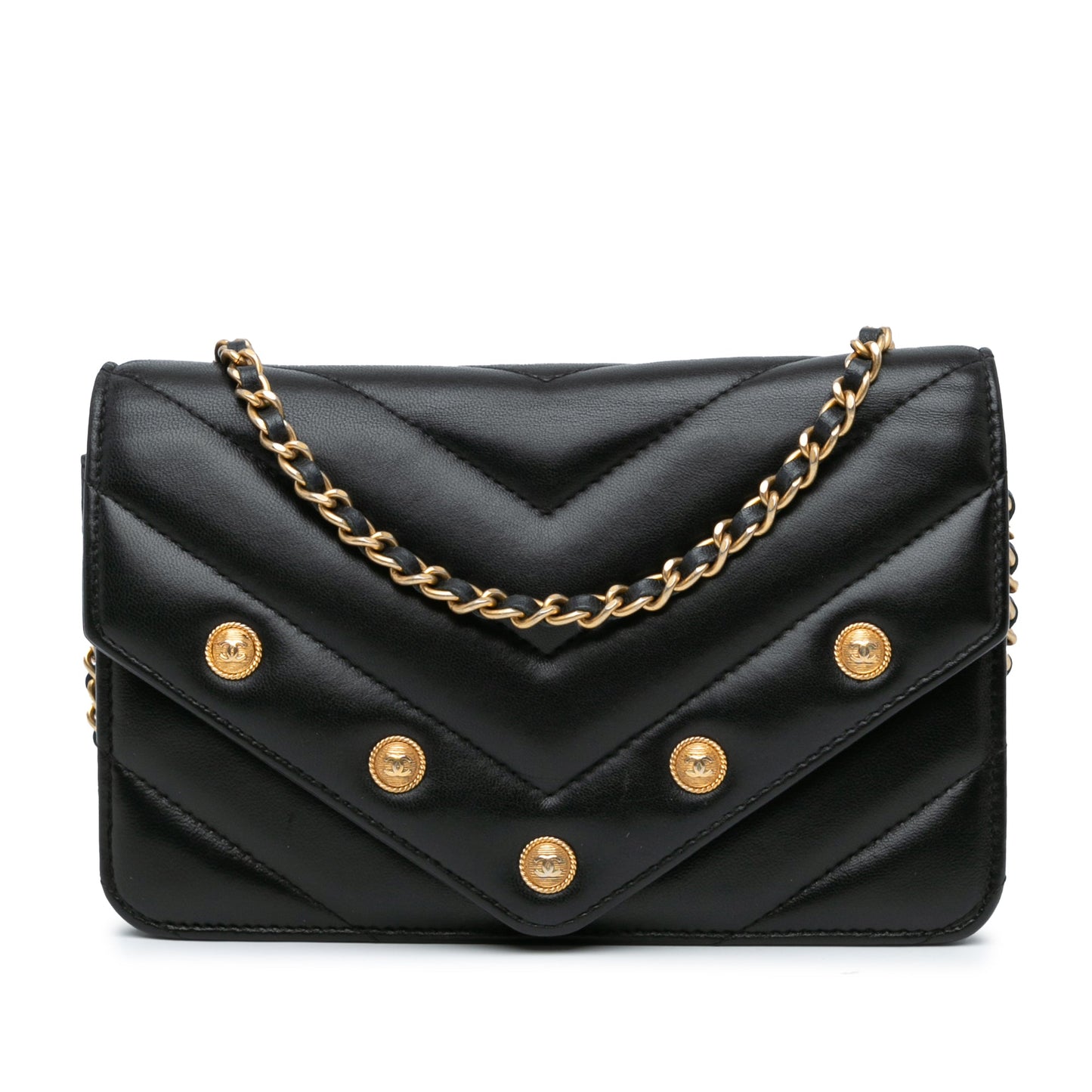 Chanel Chevron Lambskin Button Wallet On Chain Black
