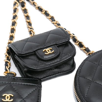 Chanel Lambskin Pearl Crown CC Wristlet Multi Pouches Black