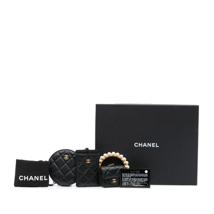 Chanel Lambskin Pearl Crown CC Wristlet Multi Pouches Black