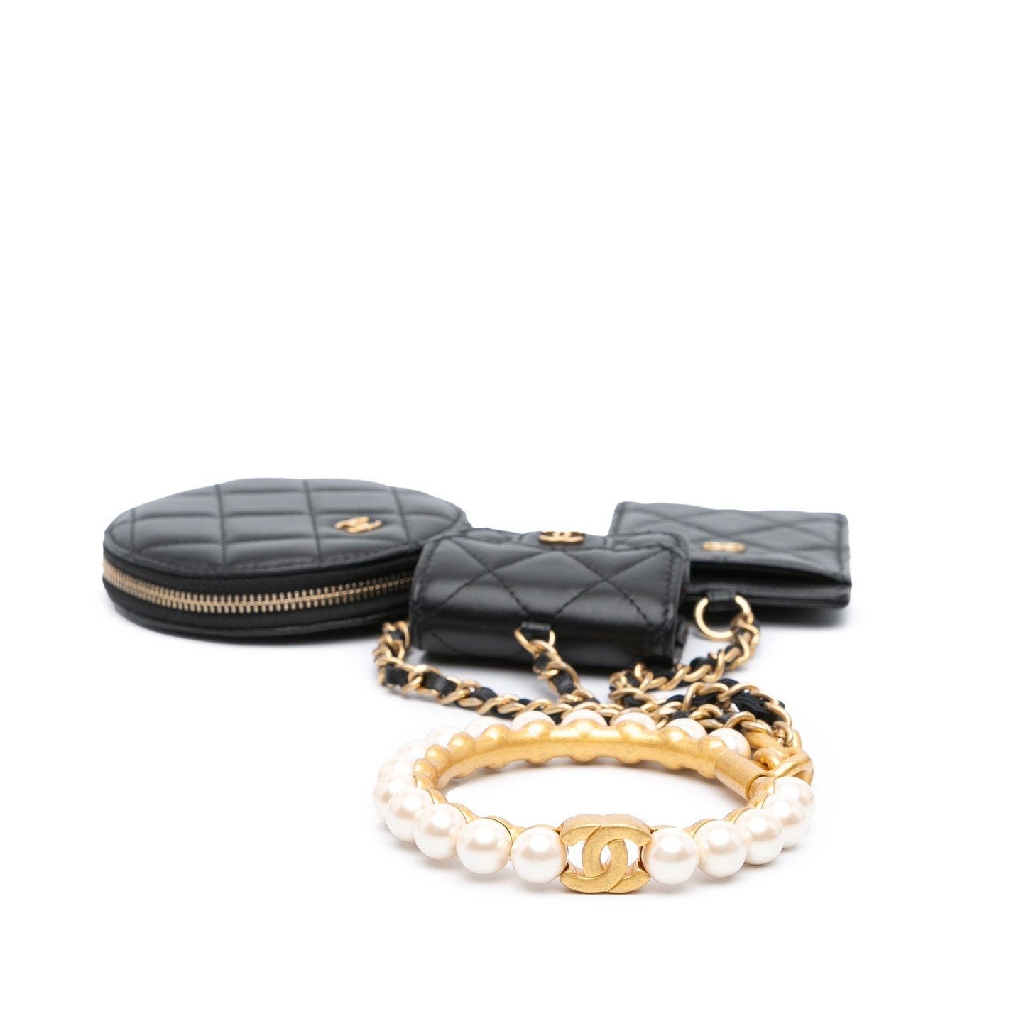 Chanel Lambskin Pearl Crown CC Wristlet Multi Pouches Black