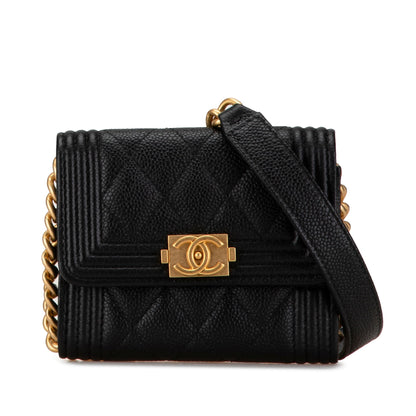 Chanel Quilted Caviar Boy Card Holder with Chain Black