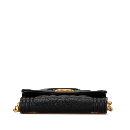 Chanel Quilted Caviar Boy Card Holder with Chain Black