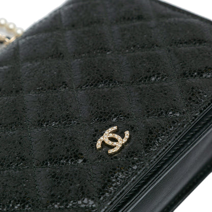Chanel Quilted Crackled Patent Calfskin Pearl Wallet On Chain Black