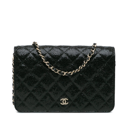 Chanel Quilted Crackled Patent Calfskin Pearl Wallet On Chain Black