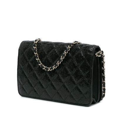 Chanel Quilted Crackled Patent Calfskin Pearl Wallet On Chain Black