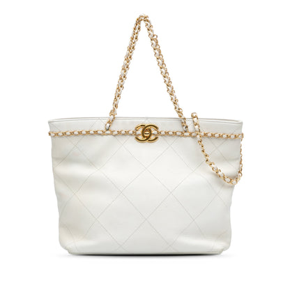 Chanel Quilted Calfskin CC Lock Chain Shopping Tote White