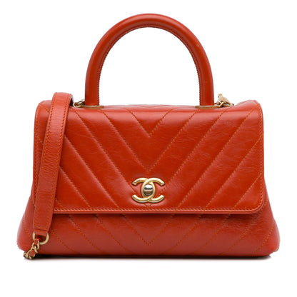 Chanel Small Lambskin Chevron Coco Top Handle Bag Red