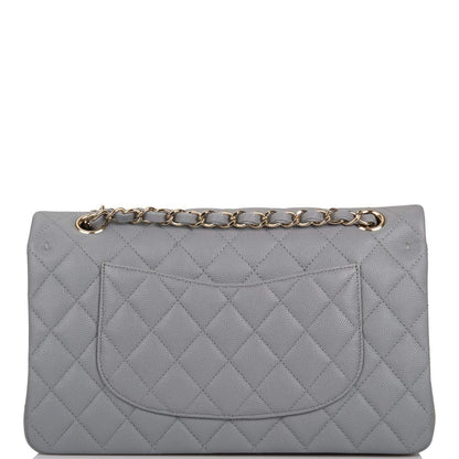 Chanel Shiny Gray Quilted Caviar Medium Classic Double Flap Bag Light Gold Hardware