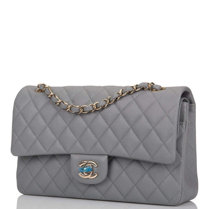 Chanel Shiny Gray Quilted Caviar Medium Classic Double Flap Bag Light Gold Hardware