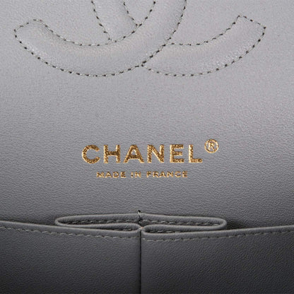 Chanel Shiny Gray Quilted Caviar Medium Classic Double Flap Bag Light Gold Hardware