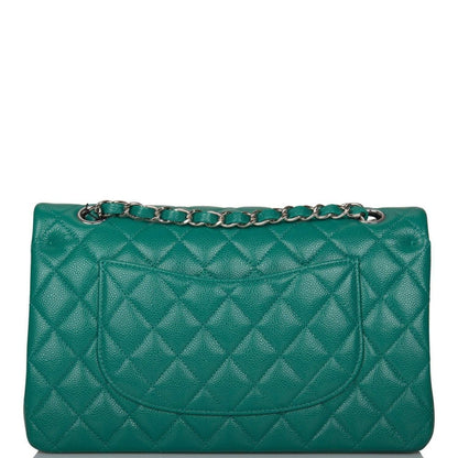 Chanel Shiny Green Quilted Caviar Medium Classic Double Flap Bag Silver Hardware