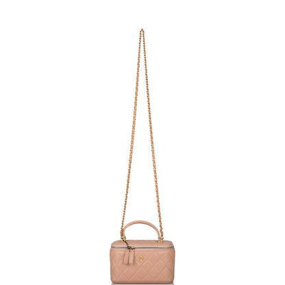 Chanel Beige Quilted Lambskin Small Top Handle Vanity Bag Antique Gold Hardware