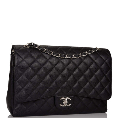 Chanel Maxi Classic Double Flap Bag Black Quilted Caviar Silver Hardware
