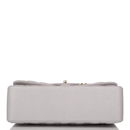 Chanel Light Gray Quilted Caviar Jumbo Classic Double Flap Bag Light Gold Hardware