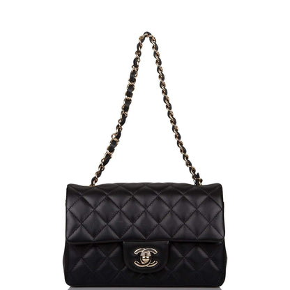 Chanel Mini Rectangular Flap Bag Black Lambskin Light Gold Hardware