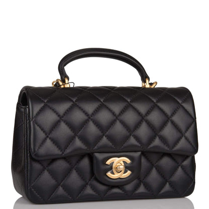 Chanel Rectangular Mini Flap Bag with Top Handle Black Lambskin Antique Gold Hardware