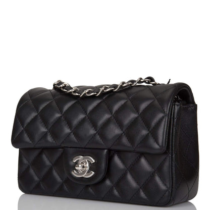 Chanel Mini Rectangular Flap Bag Black Lambskin Light Silver Hardware