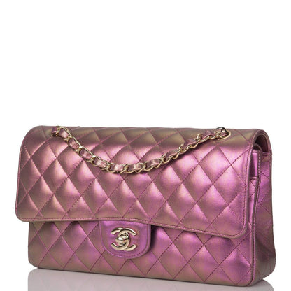 Chanel Purple Iridescent Quilted Lambskin Medium Classic Double Flap Bag Light Gold Hardware