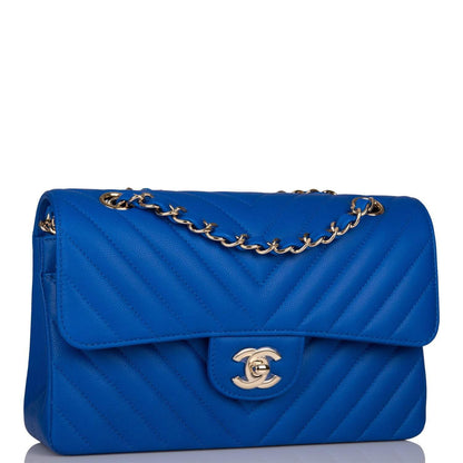 Chanel Small Classic Double Flap Blue Chevron Caviar Gold Hardware