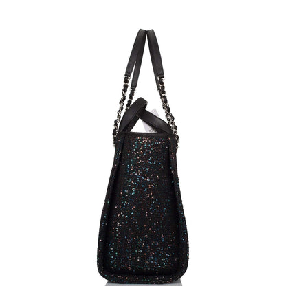 Chanel Large Deauville Shopping Tote Blue Sequin Boucle Silver Hardware
