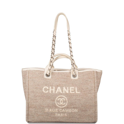 Chanel Beige Wool Large Deauville Shopping Bag Silver Hardware