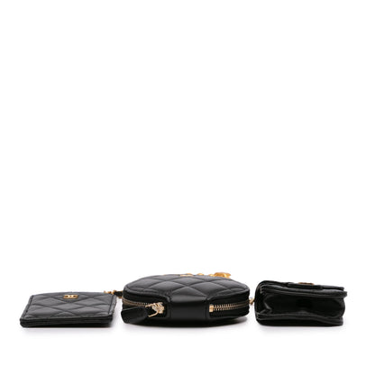 Chanel Lambskin Pearl Crown CC Wristlet Multi Pouches Black