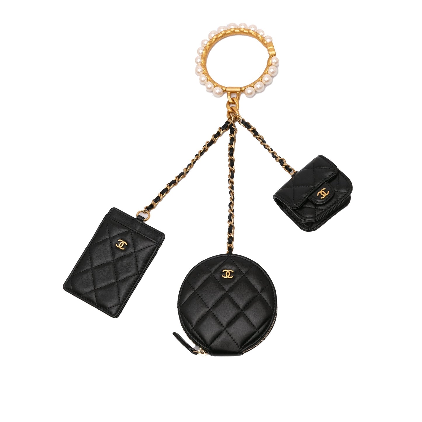 Chanel Lambskin Pearl Crown CC Wristlet Multi Pouches Black