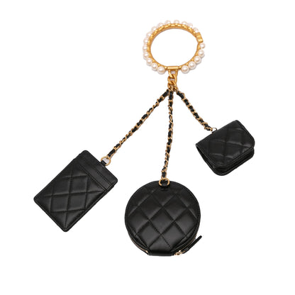 Chanel Lambskin Pearl Crown CC Wristlet Multi Pouches Black