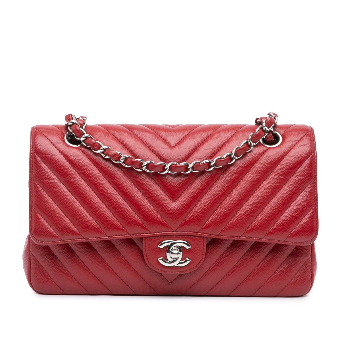 Chanel Medium Classic Chevron Caviar Double Flap Red