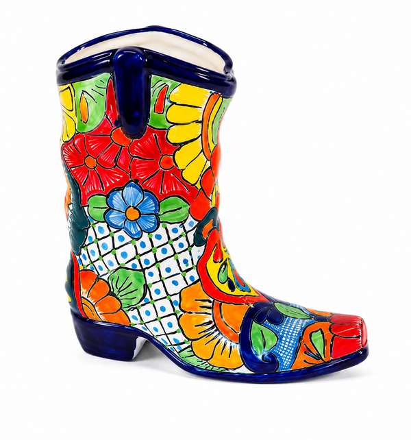 Talavera Ceramic Cowboy Boot Floral Vase Decor