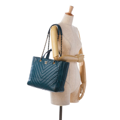 Chanel CC Chevron Calfskin Statement Shopping Tote Blue
