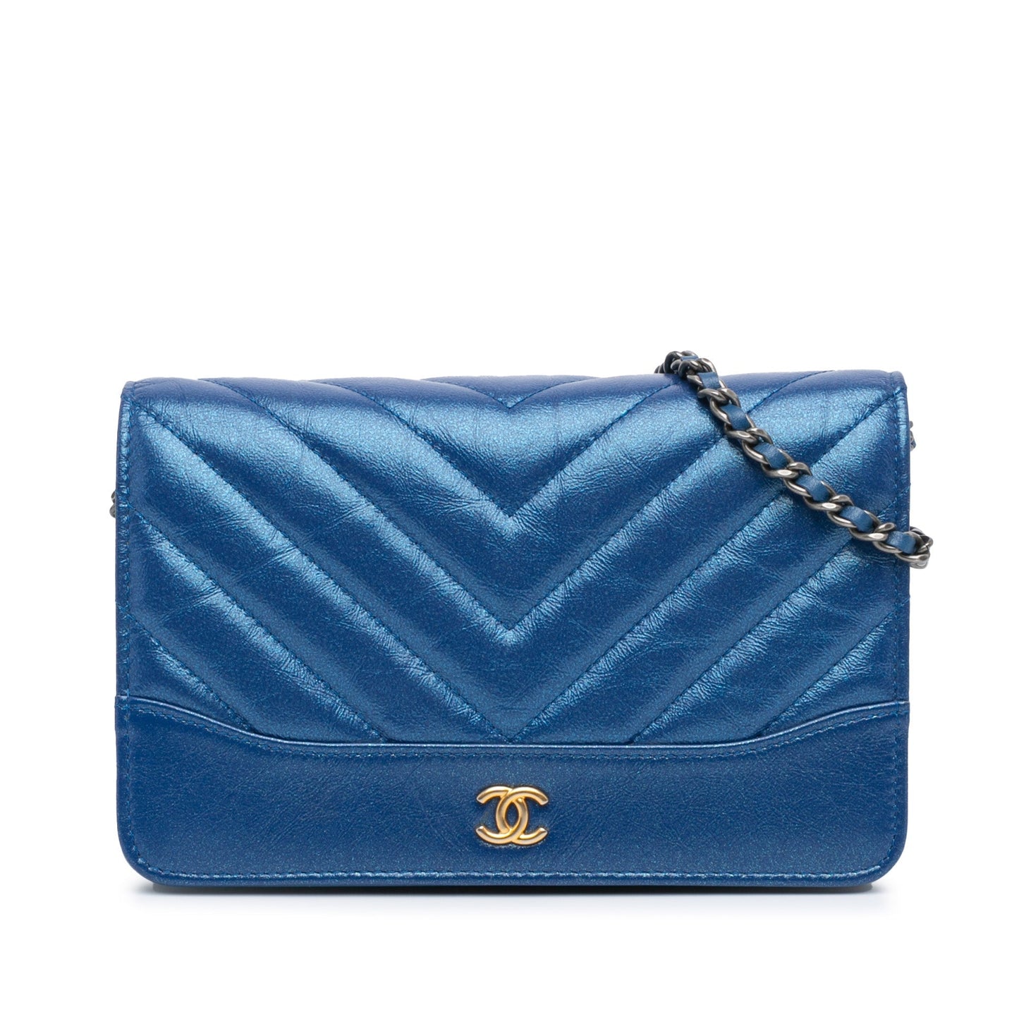 Chanel Chevron Aged Metallic Calfskin Gabrielle Wallet On Chain Blue
