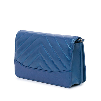 Chanel Chevron Aged Metallic Calfskin Gabrielle Wallet On Chain Blue