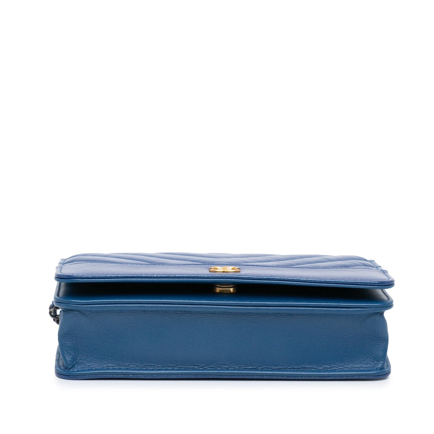 Chanel Chevron Aged Metallic Calfskin Gabrielle Wallet On Chain Blue
