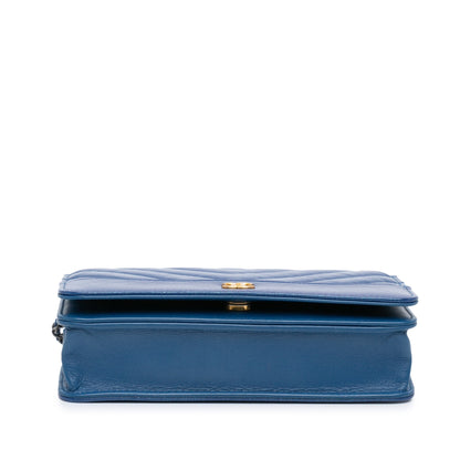 Chanel Chevron Aged Metallic Calfskin Gabrielle Wallet On Chain Blue