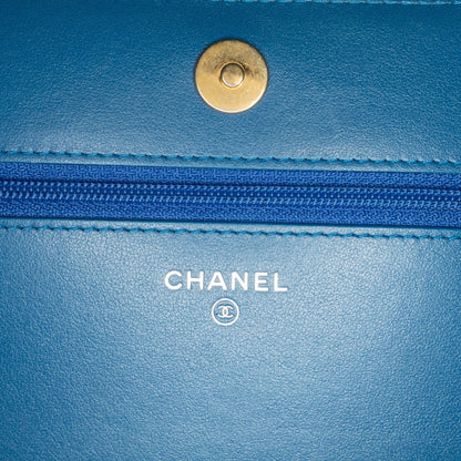 Chanel Chevron Aged Metallic Calfskin Gabrielle Wallet On Chain Blue
