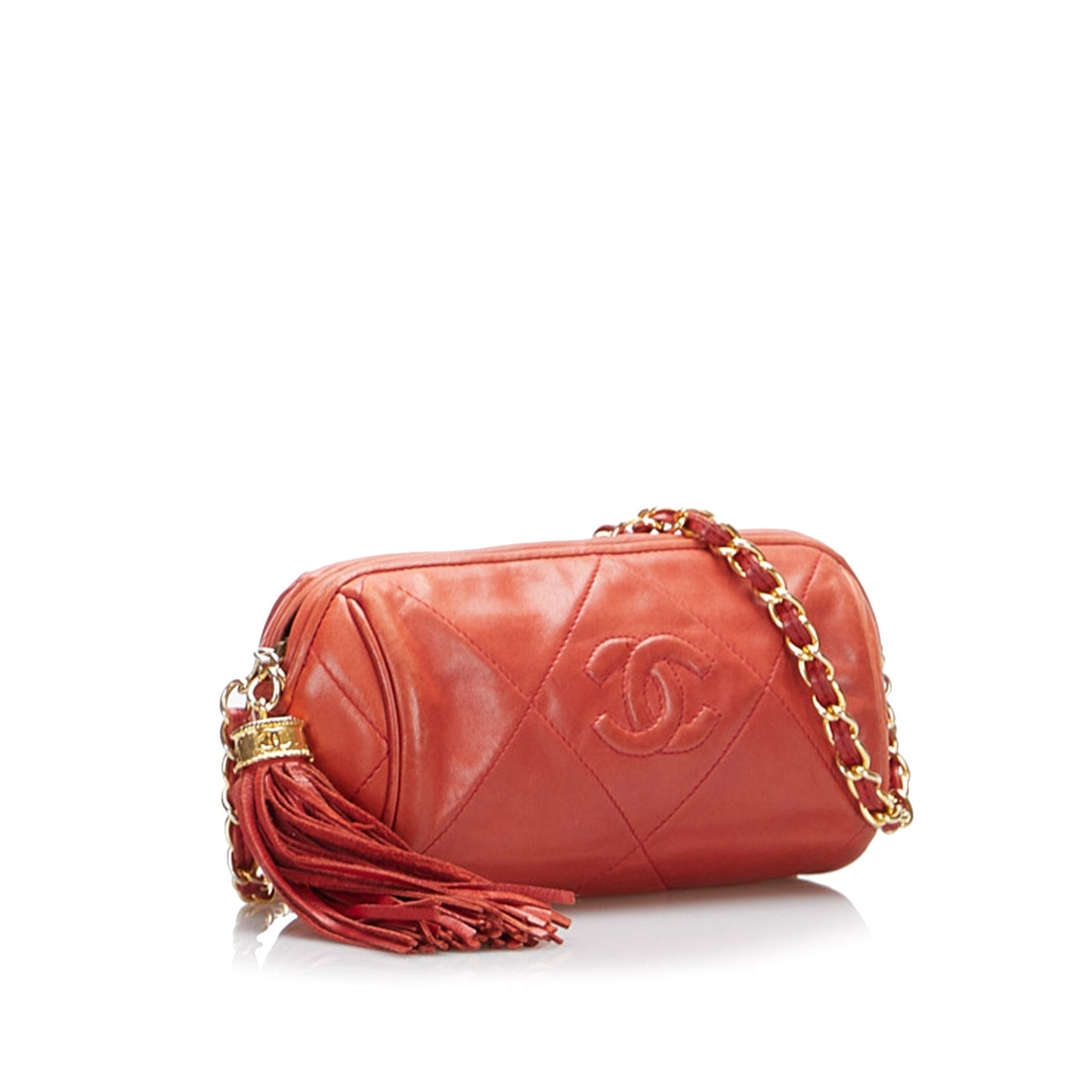 Chanel sac à bandoulière rond rouge matelassé à franges et pompons